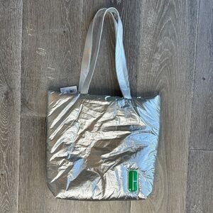 Clinique Silver Metallic Tote with Green Logo Accent